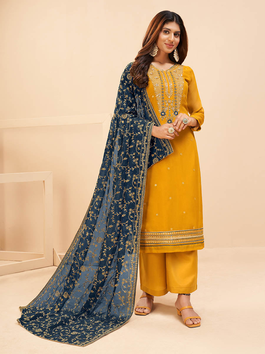 Women's Yellow Georgette Embroidered Palazzo Suit - Myracouture