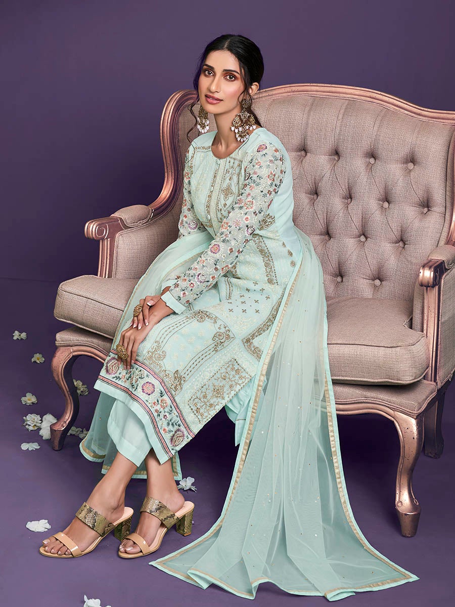 Women's Sea Green Floral Thread Embroidered Palazo Suit-Myracouture