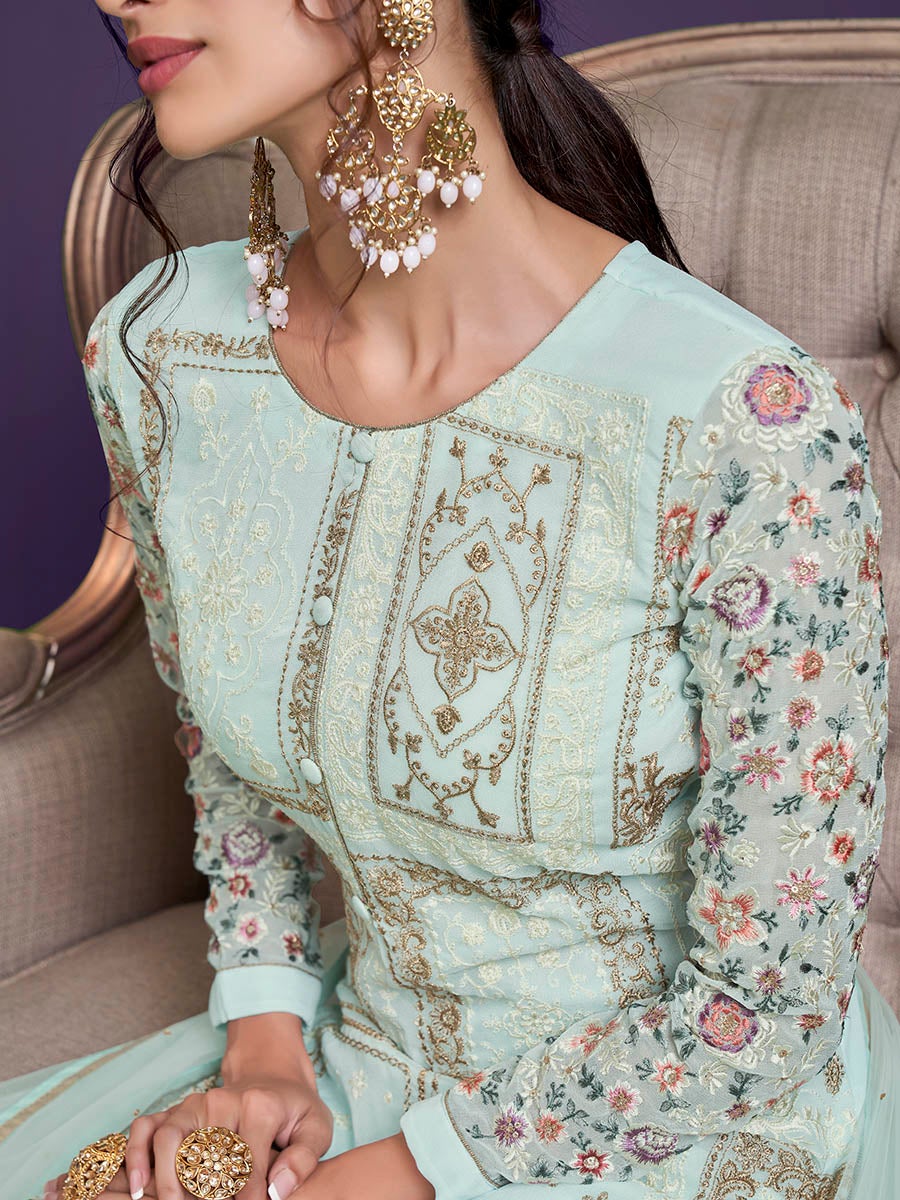 Women's Sea Green Floral Thread Embroidered Palazo Suit-Myracouture