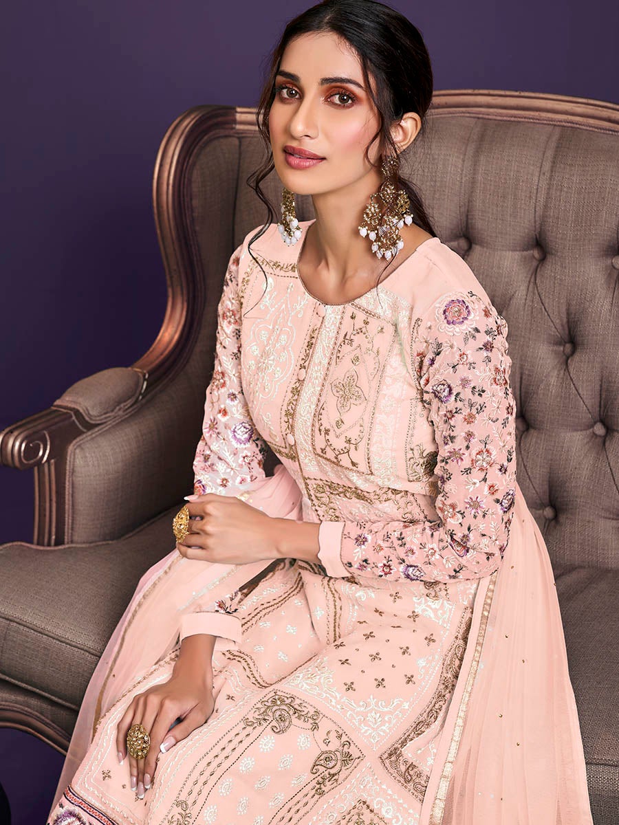 Women's Light Peach Floral Thread Embroidered Palazo Suit-Myracouture