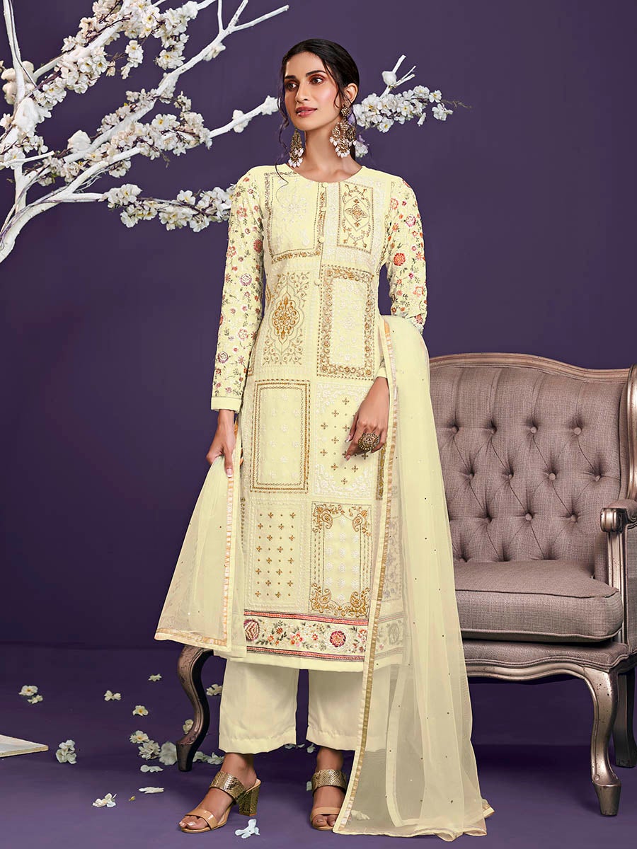 Women's Light Yellow Floral Thread Embroidered Palazo Suit-Myracouture