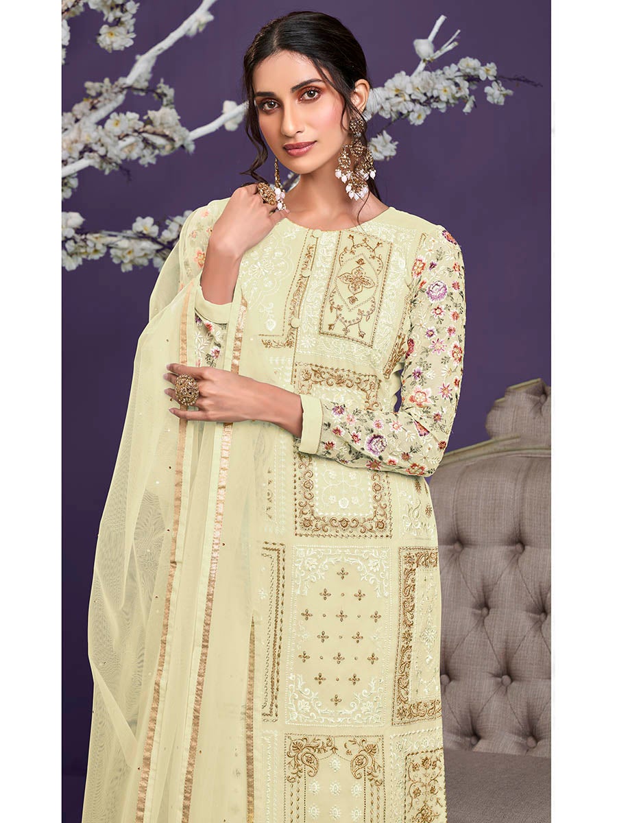 Women's Light Yellow Floral Thread Embroidered Palazo Suit-Myracouture