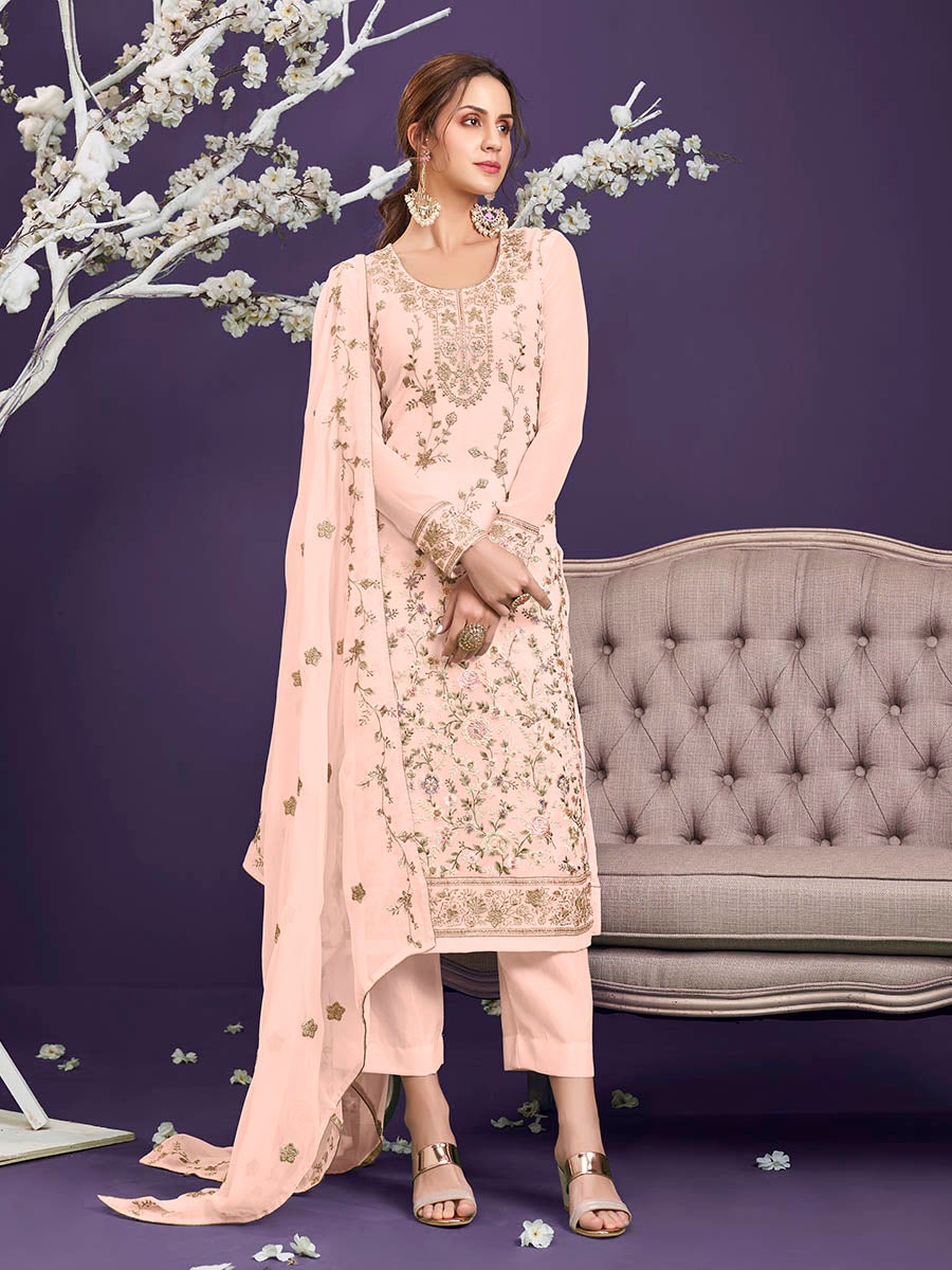 Women's Light Peach Floral Thread Embroidered Palazo Suit-Myracouture