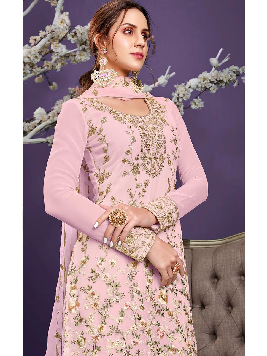 Women's Light Pink Floral Thread Embroidered Palazo Suit-Myracouture