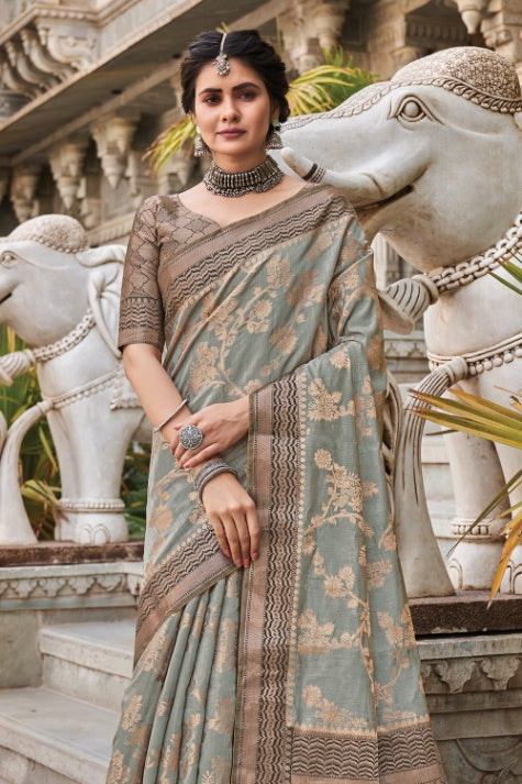 Women's Pewter Grey Banarasi Saree - Karagiri