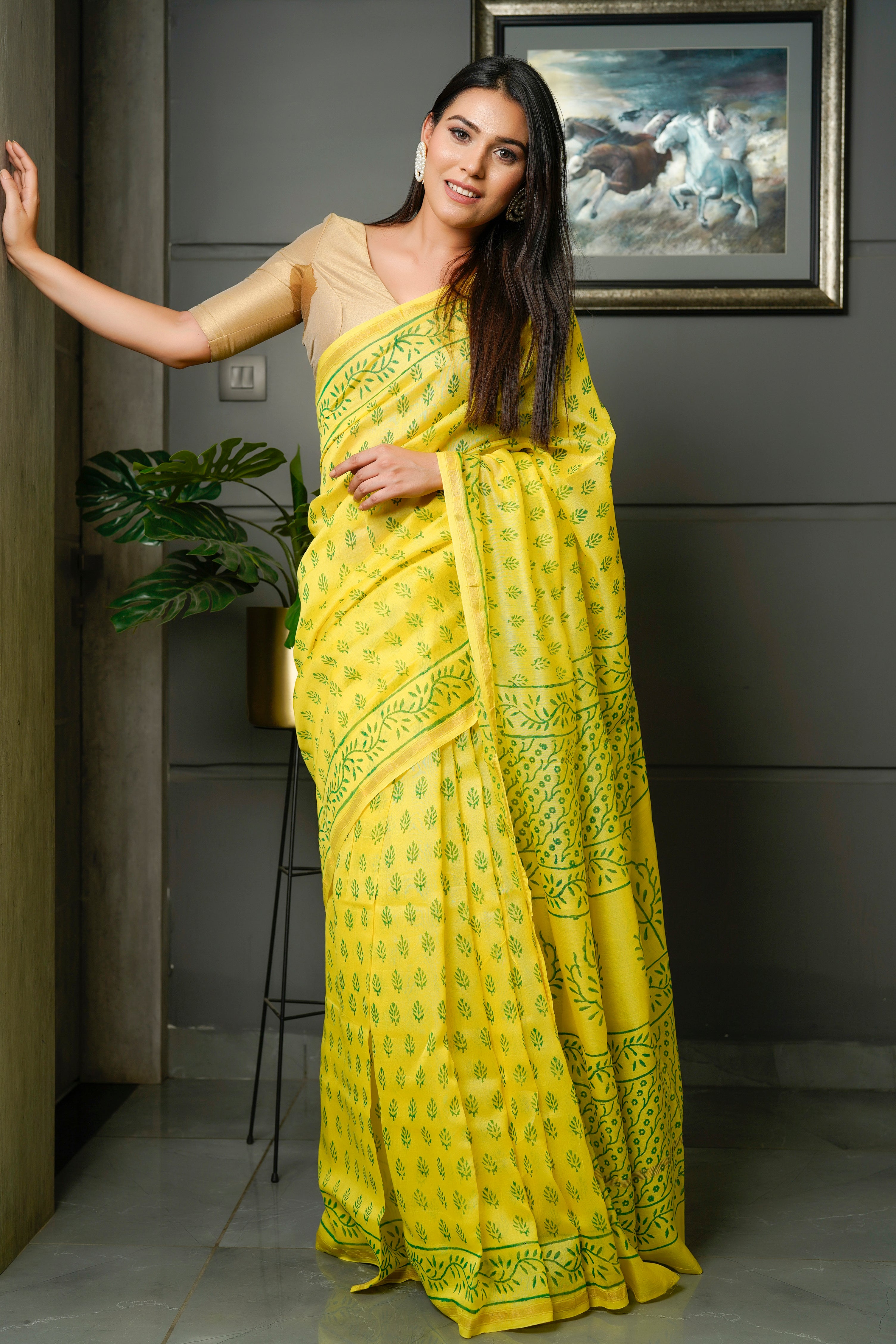 Women's Yellow Silk Cotton Saree with Dabu Print - Maahishmati