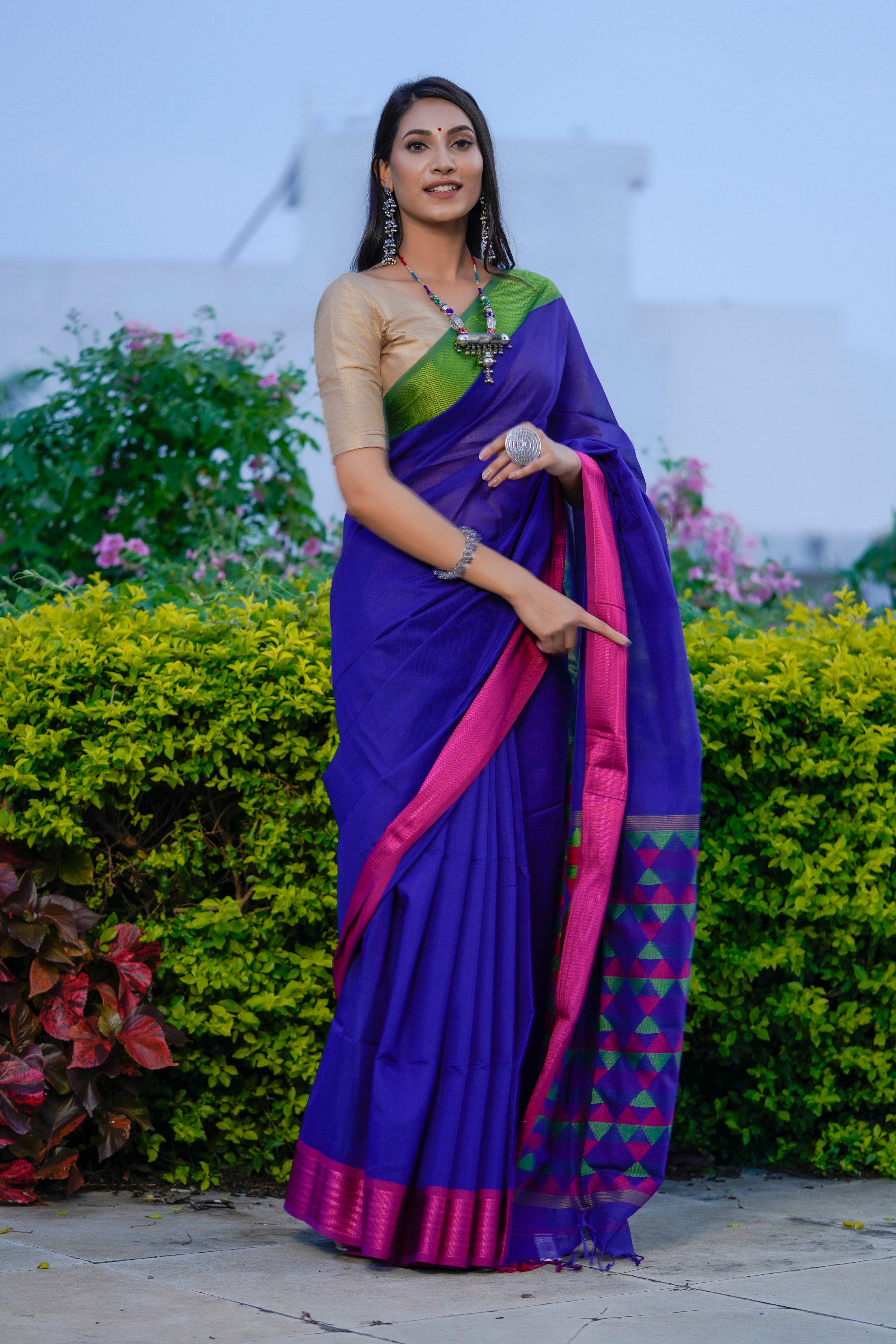 Women's Blue Purple Green Pink Silk Maheshwari Handloom Saree - Maahishmati
