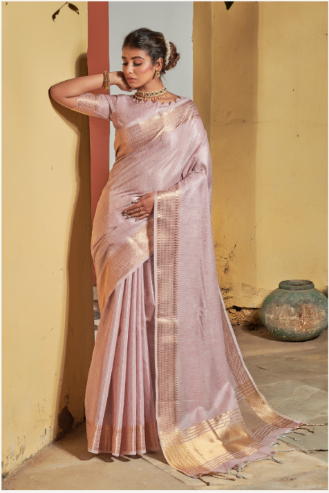 Women's Baby Pink Maheshwari Silk Zari Woven Saree With Blouse - Vishnu Weaves