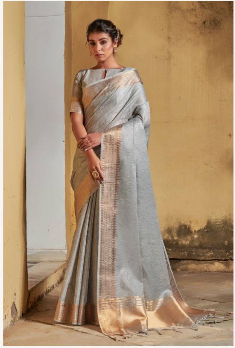 Women's Grey Maheshwari Silk Zari Woven Saree With Blouse - Vishnu Weaves