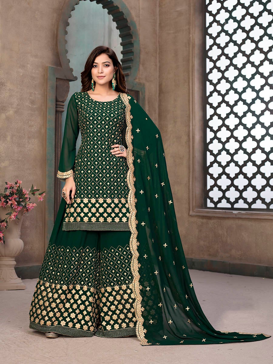 Women's Green Embroidered Faux Georgette Palaazo Suit-Myracouture