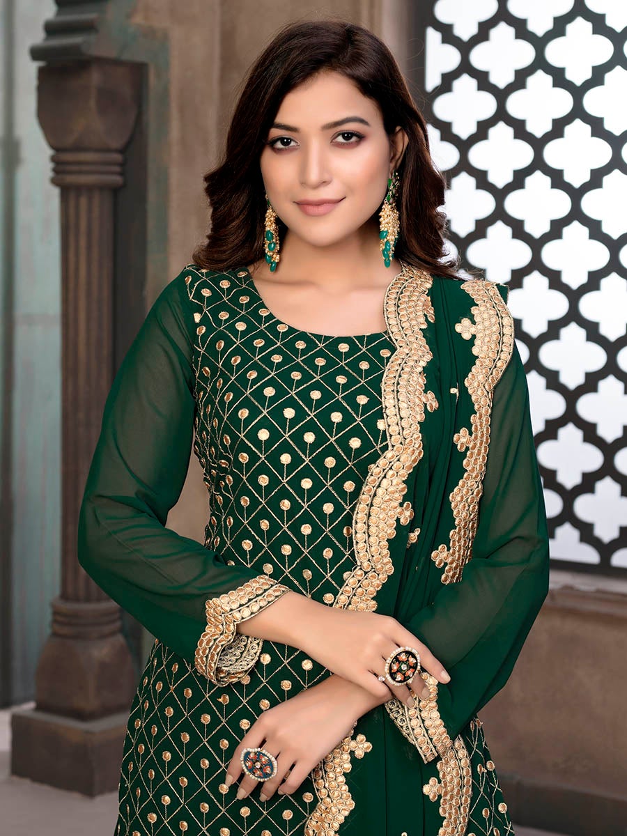 Women's Green Embroidered Faux Georgette Palaazo Suit-Myracouture