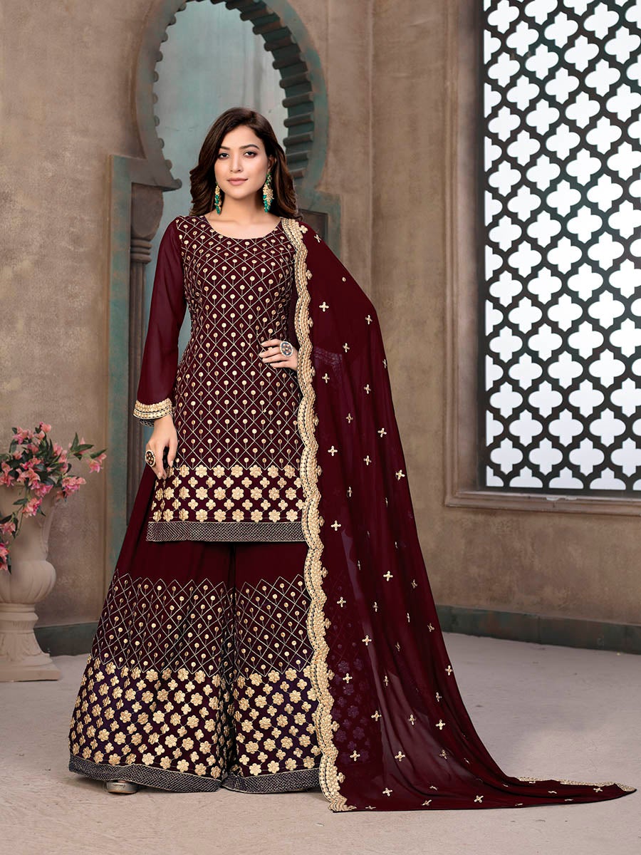 Women's Wine Embroidered Faux Georgette Palaazo Suit-Myracouture