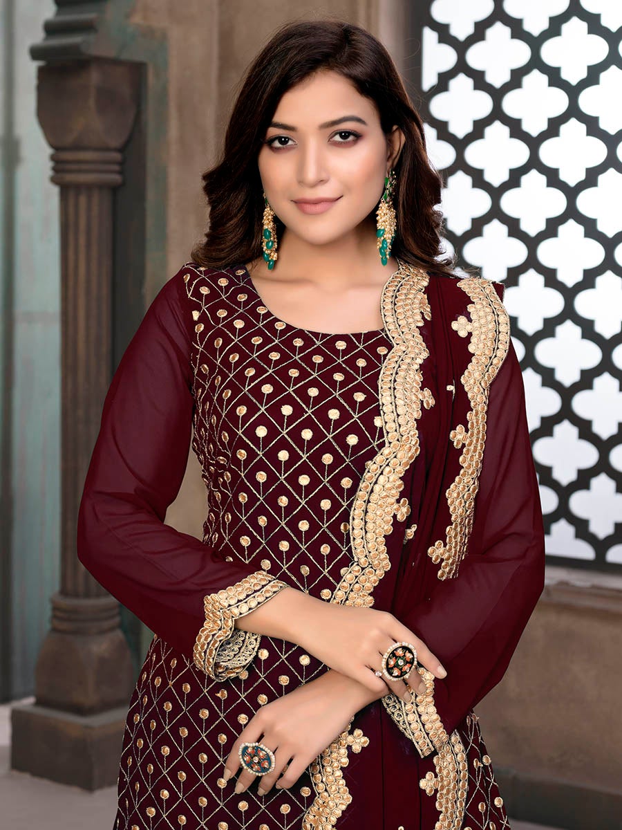 Women's Wine Embroidered Faux Georgette Palaazo Suit-Myracouture