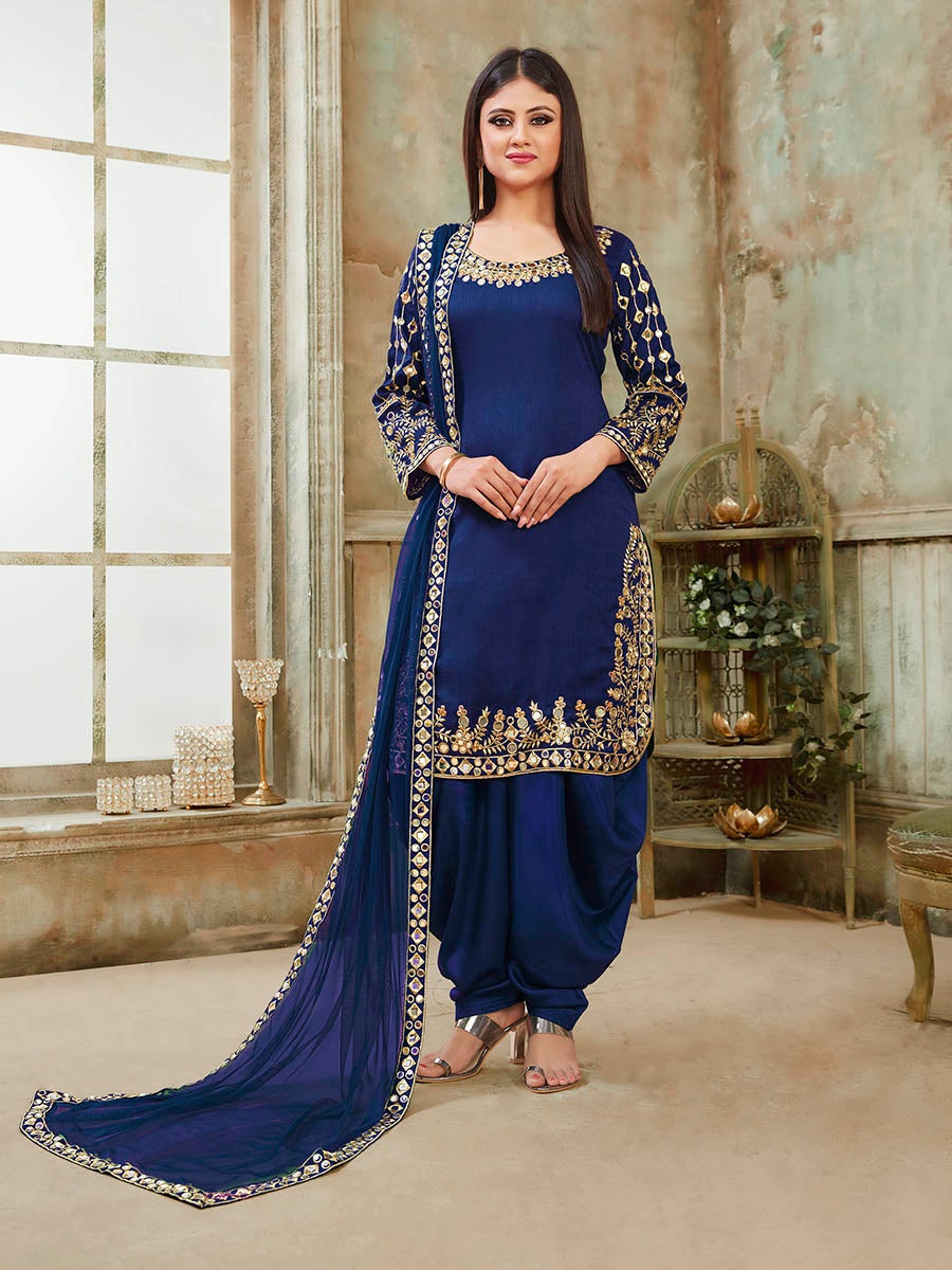 Women's Royal Blue Art Silk Real Glass Work Suit-Myracouture