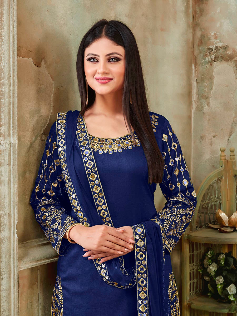 Women's Royal Blue Art Silk Real Glass Work Suit-Myracouture