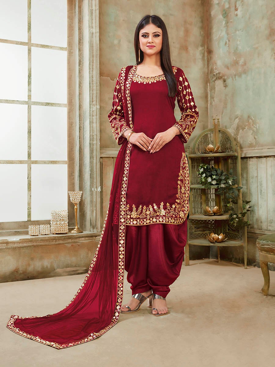 Women's Red Art Silk Real Glass Work Suit-Myracouture