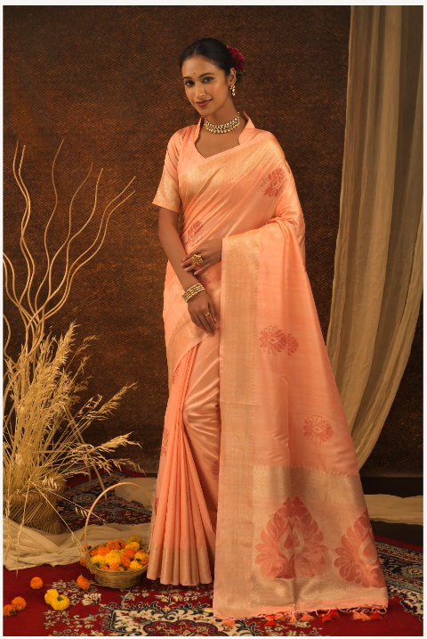Women's Orange Mulberry Silk Jacquard Weaving Saree With Blouse - Vishnu Weaves