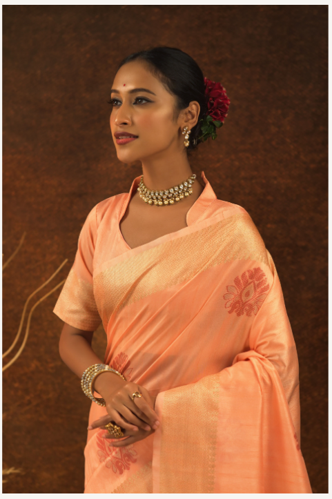 Women's Orange Mulberry Silk Jacquard Weaving Saree With Blouse - Vishnu Weaves