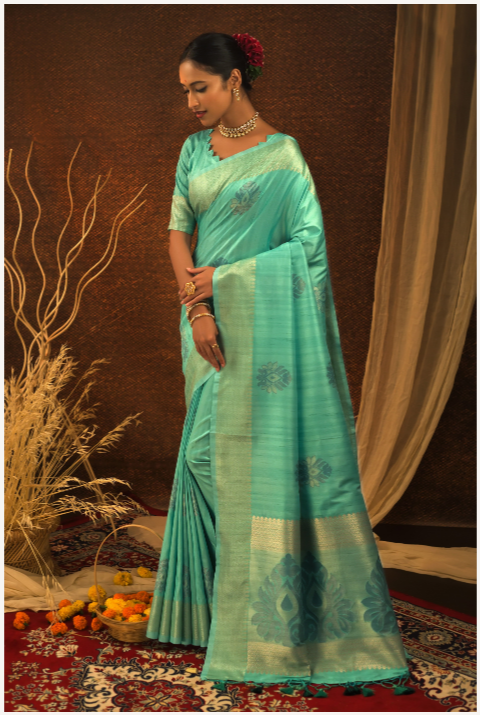 Women's Sea Green Mulberry Silk Jacquard Weaving Saree With Blouse - Vishnu Weaves