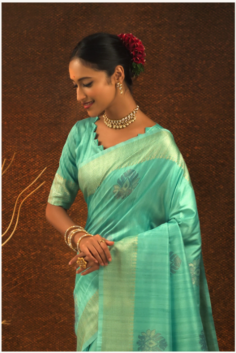 Women's Sea Green Mulberry Silk Jacquard Weaving Saree With Blouse - Vishnu Weaves
