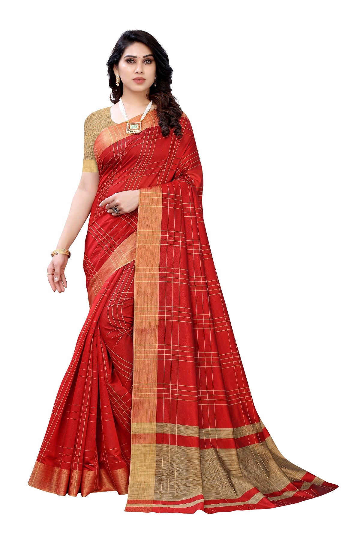 Women's Red Cotton Silk Weaving Saree - Vamika