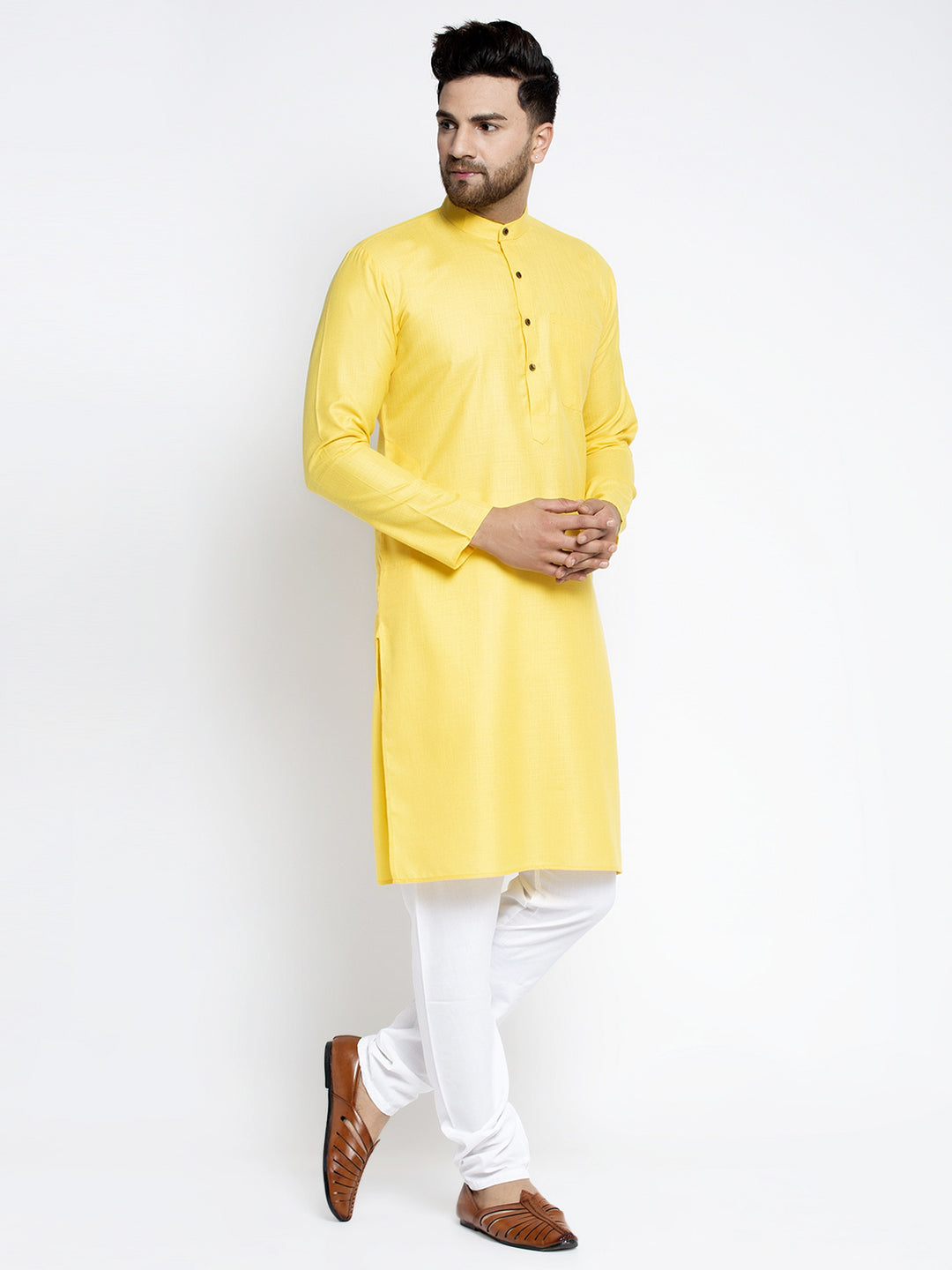 Men's Lemon & White Solid Kurta With Churidar ( Jokp 532 Lemon ) - Virat Fashions