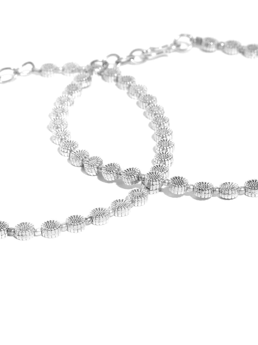 Women's Oxidised Silver Circular Pattern Handcrafted Anklets Set Of 2 - Priyaasi