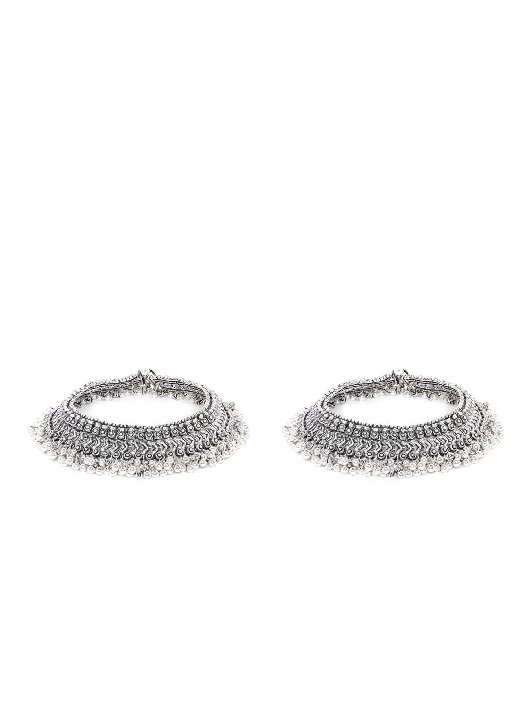 Women's  Antique Chunks - Oxidised Silver Plated Broad Anklets-Set of 2 - Priyaasi
