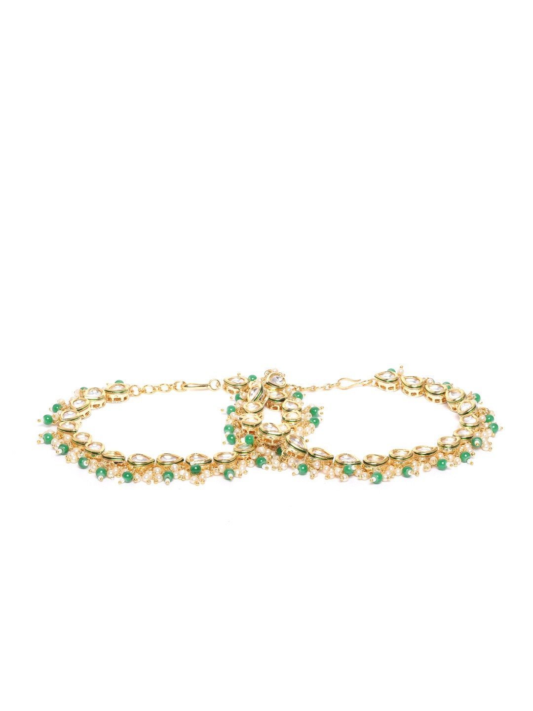Women's Set of 2 Gold-Plated Kundan Studded Anklets with Bead Drop - Priyaasi