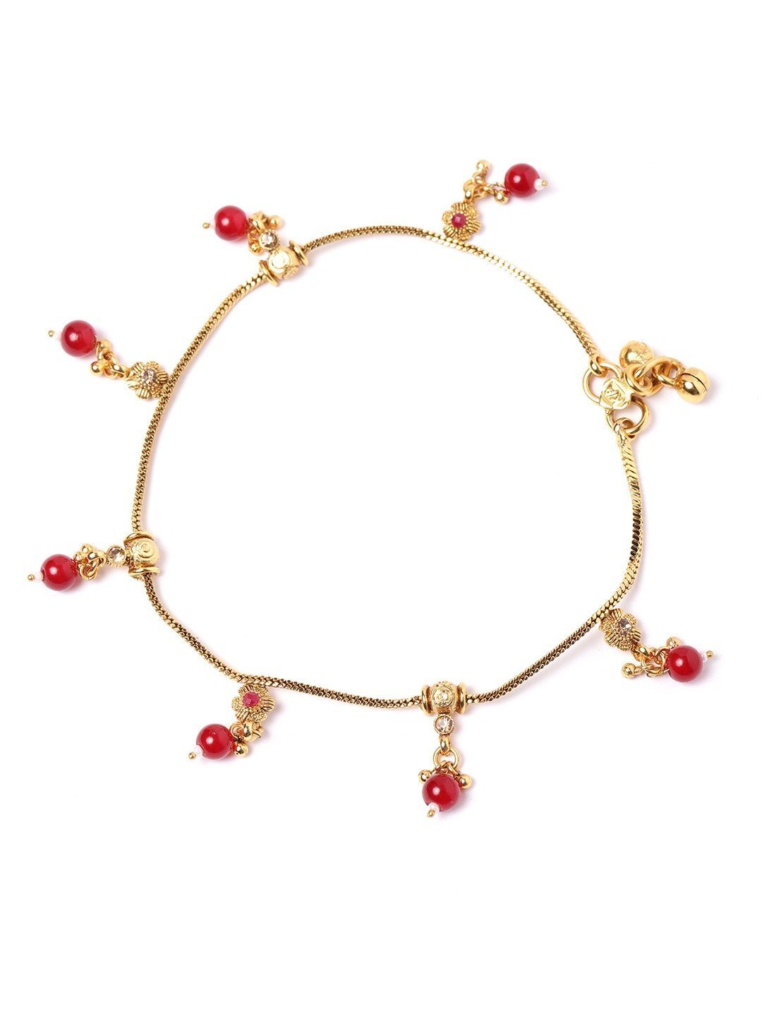 Women's Set of 2 Gold Plated Maroon Pearl Studded Anklets - Priyaasi