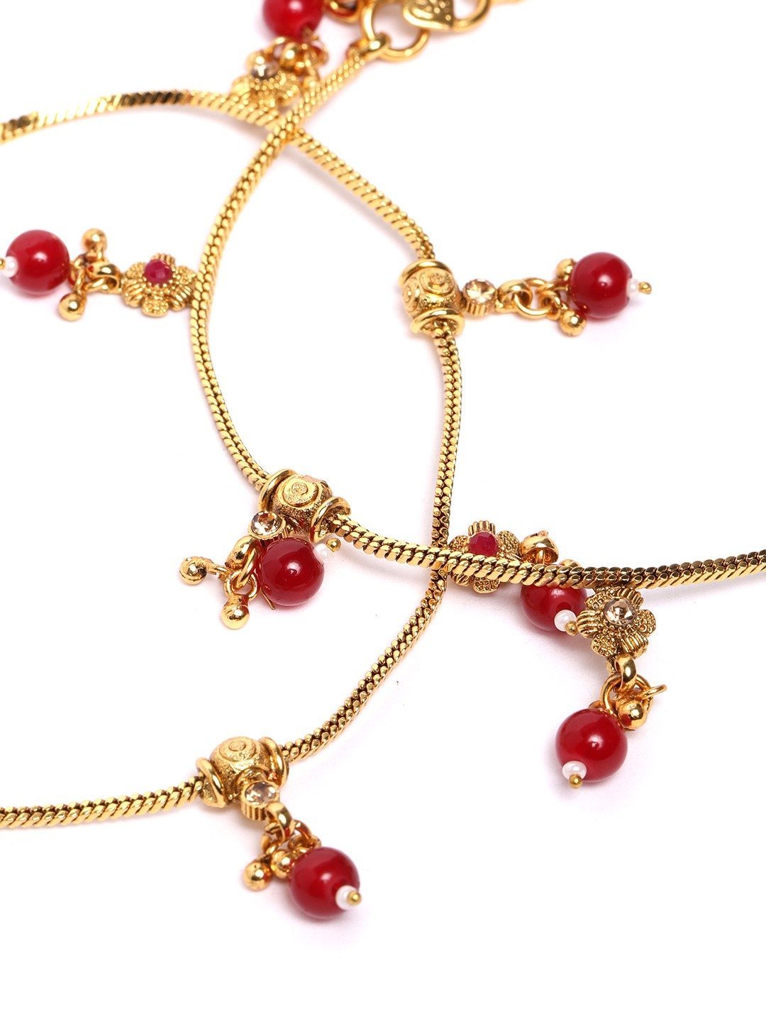 Women's Set of 2 Gold Plated Maroon Pearl Studded Anklets - Priyaasi