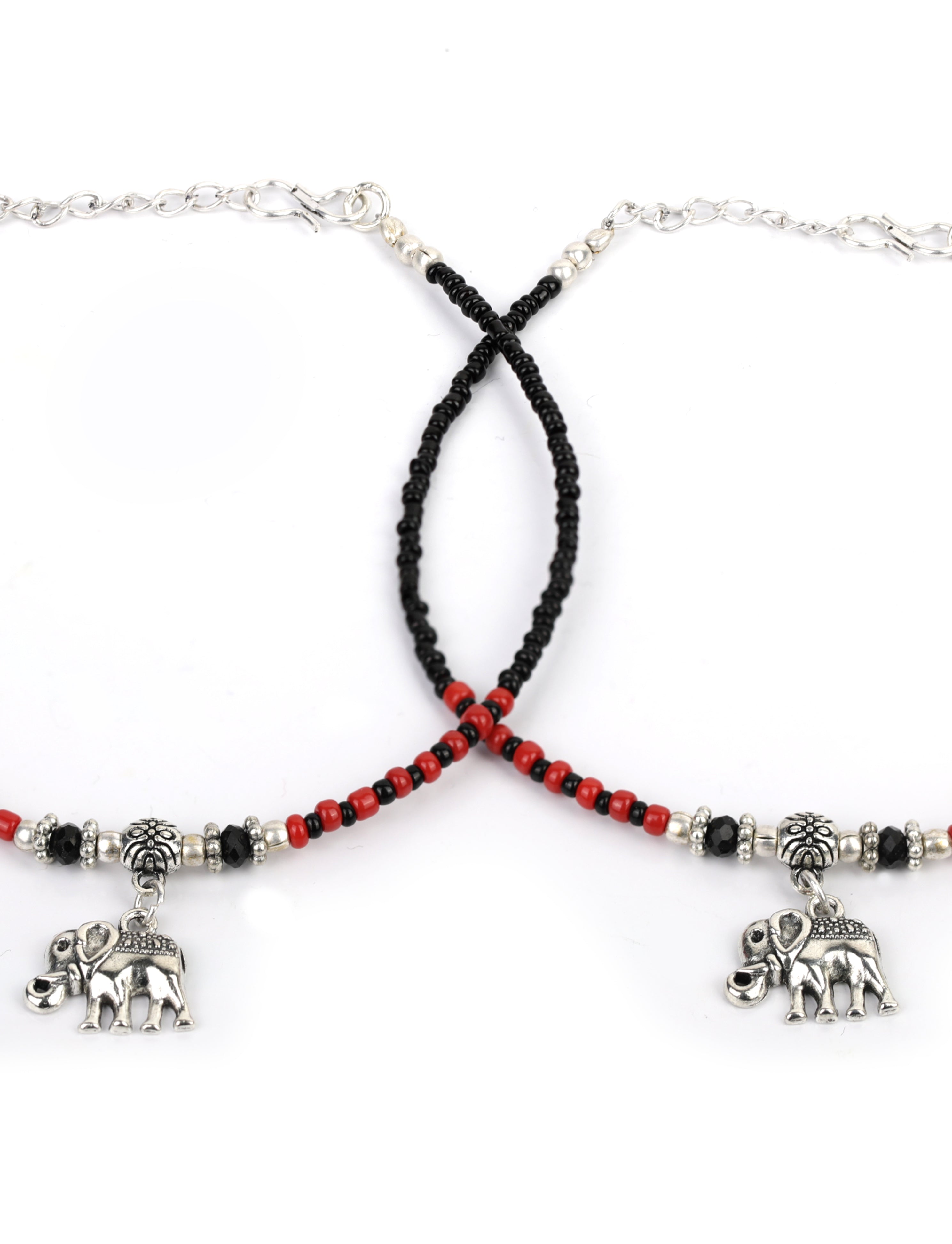 Women's  Black Red Beads Silver Plated Elephant Traditional Anklets - Priyaasi