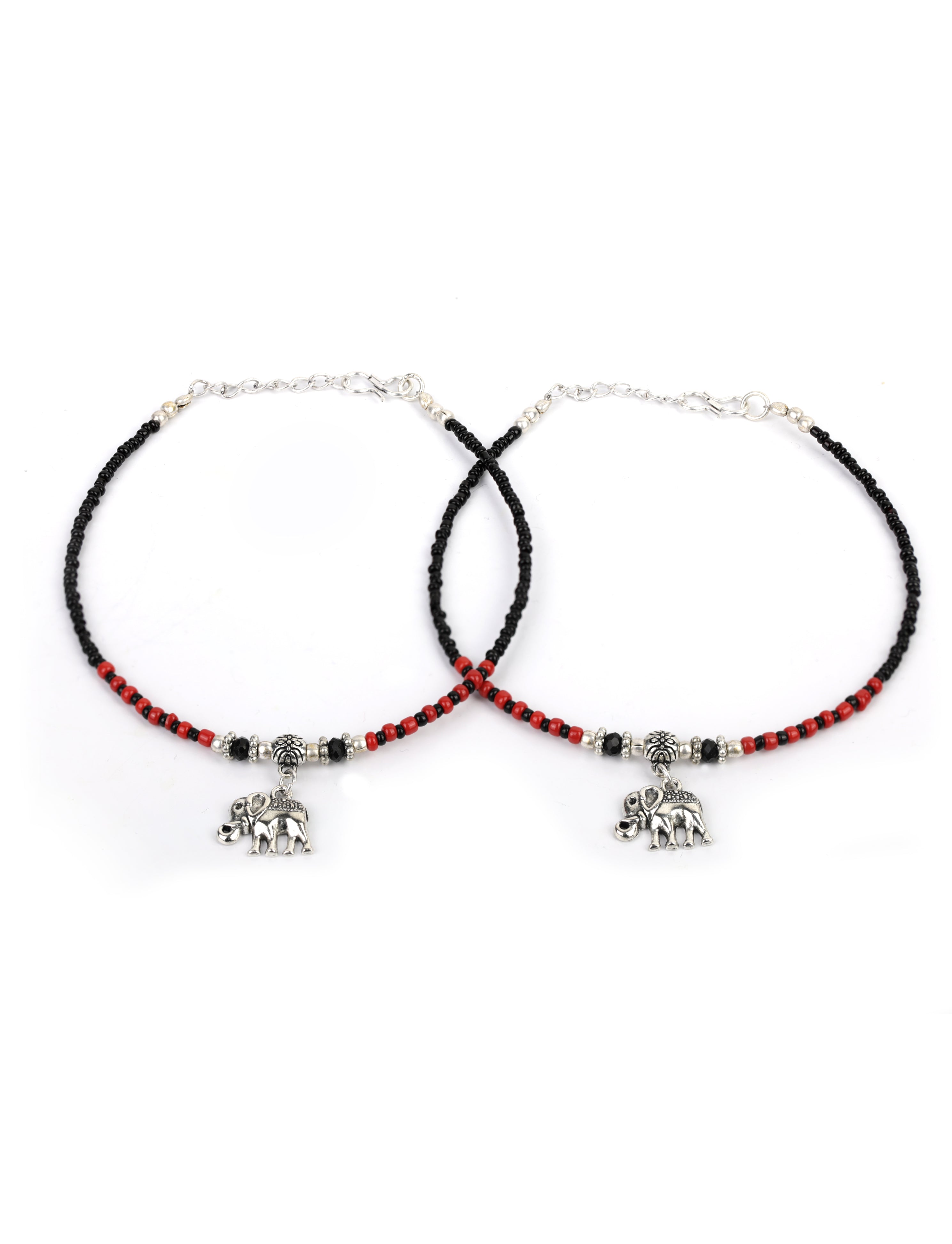 Women's  Black Red Beads Silver Plated Elephant Traditional Anklets - Priyaasi