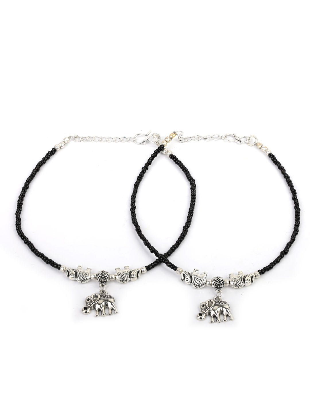 Women's  Black Beads Silver Plated Elephant Traditional Anklets - Priyaasi