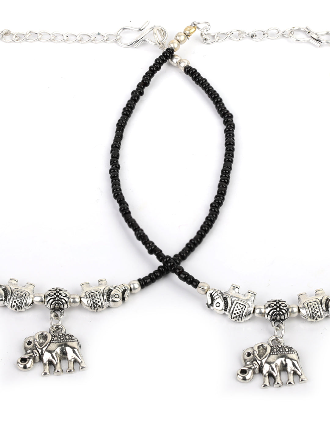 Women's  Black Beads Silver Plated Elephant Traditional Anklets - Priyaasi
