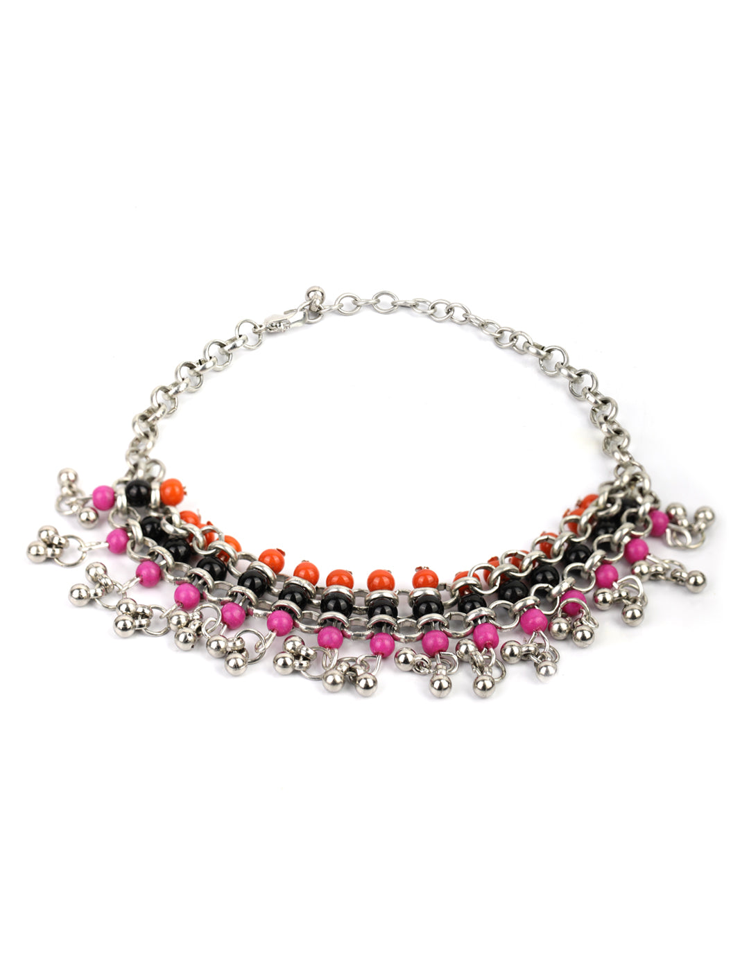 Women's  Multi-Color Beads Ghungroo Silver Plated Anklets - Priyaasi