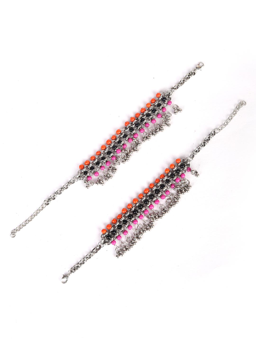 Women's  Multi-Color Beads Ghungroo Silver Plated Anklets - Priyaasi