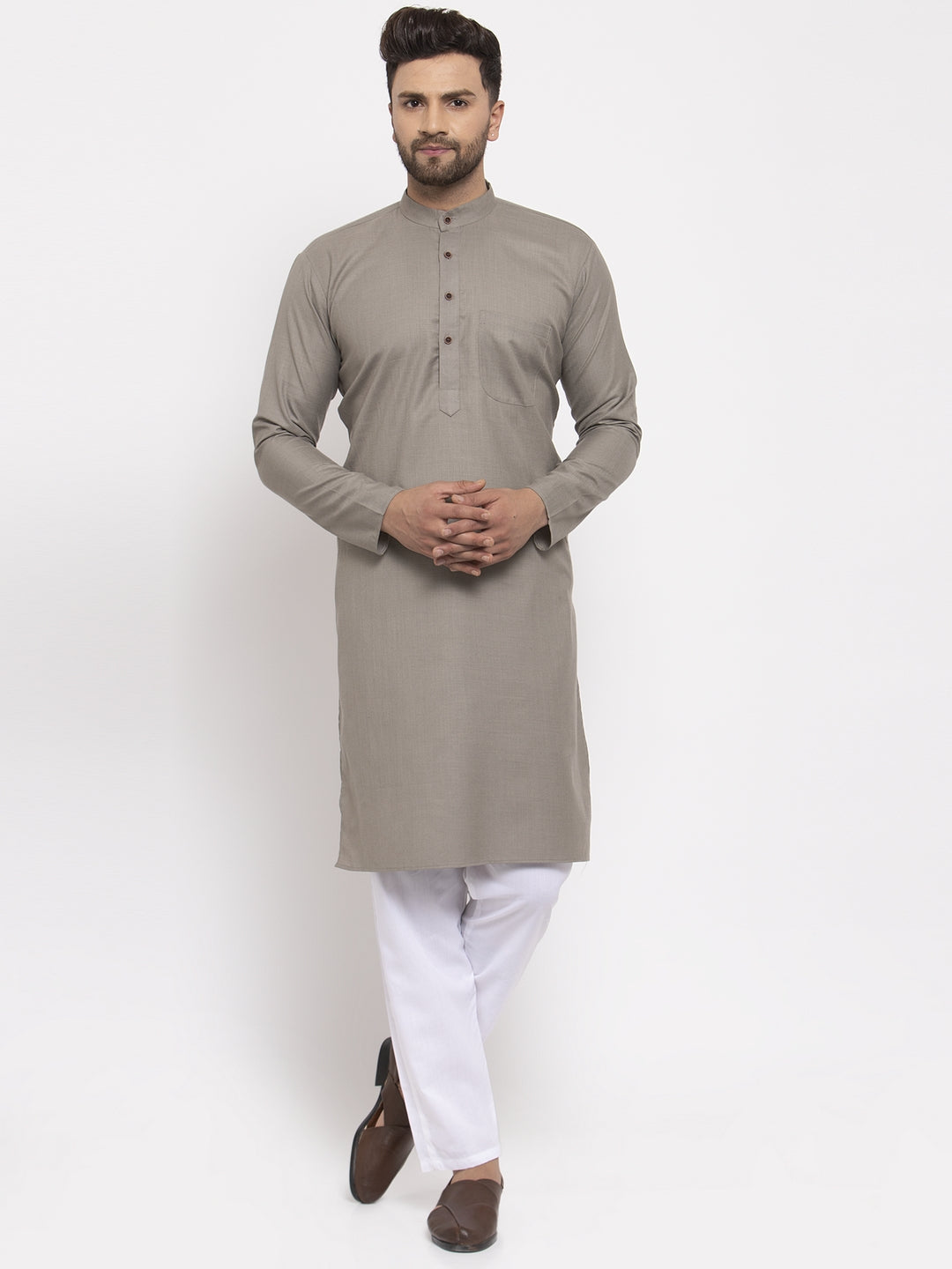 Men's Grey & White Solid Kurta With Churidar ( Jokp 532 Grey ) - Virat Fashions