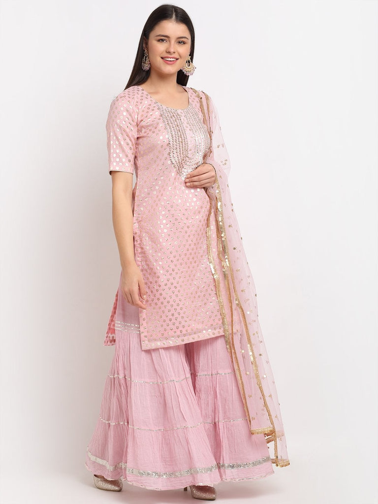 Women's Baby Pink Love Short Kurti With Crushed Sharara And Net Dupatta