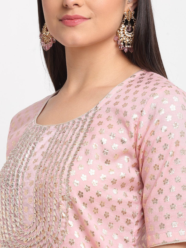 Women's Baby Pink Love Short Kurti With Crushed Sharara And Net Dupatta