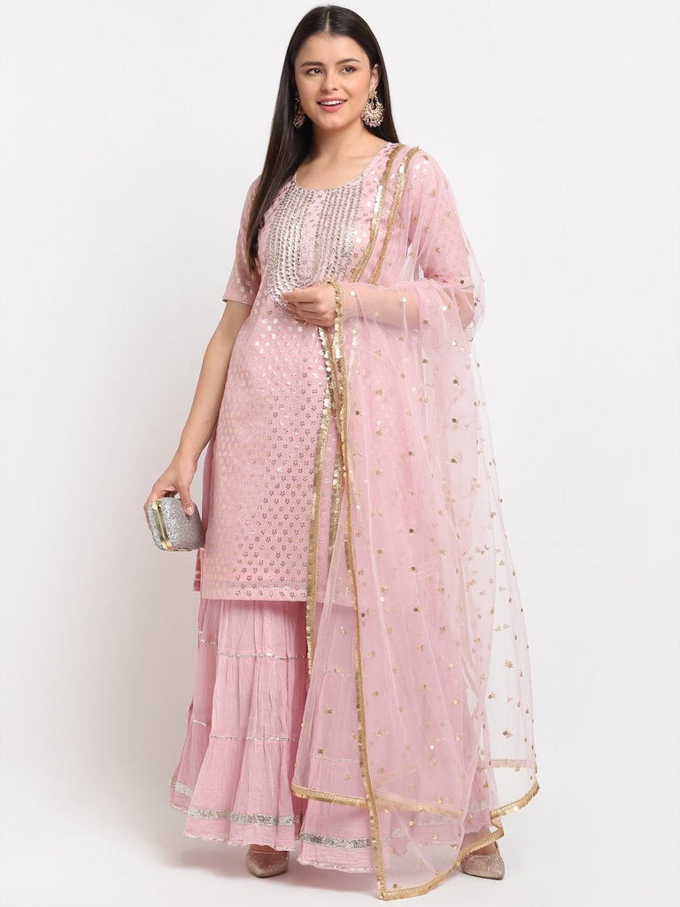 Women's Baby Pink Love Short Kurti With Crushed Sharara And Net Dupatta