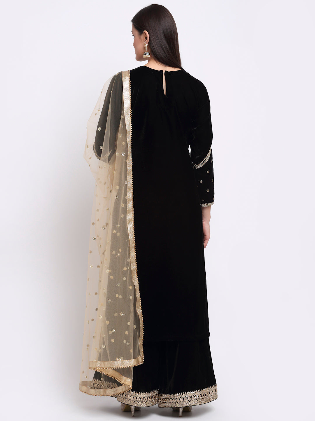 Women's Magical Black Embroidered Velvet Kurti With Flared Palazzo And Sequin Dupatta - Anokherang