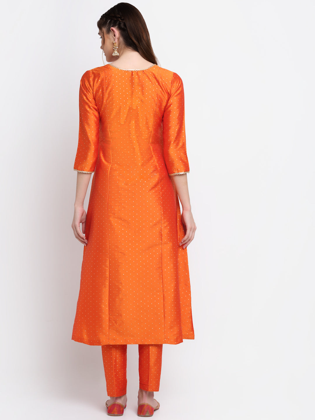 Women's Shining Orange Festive A-Line Kurti With Straight Pants - Anokherang