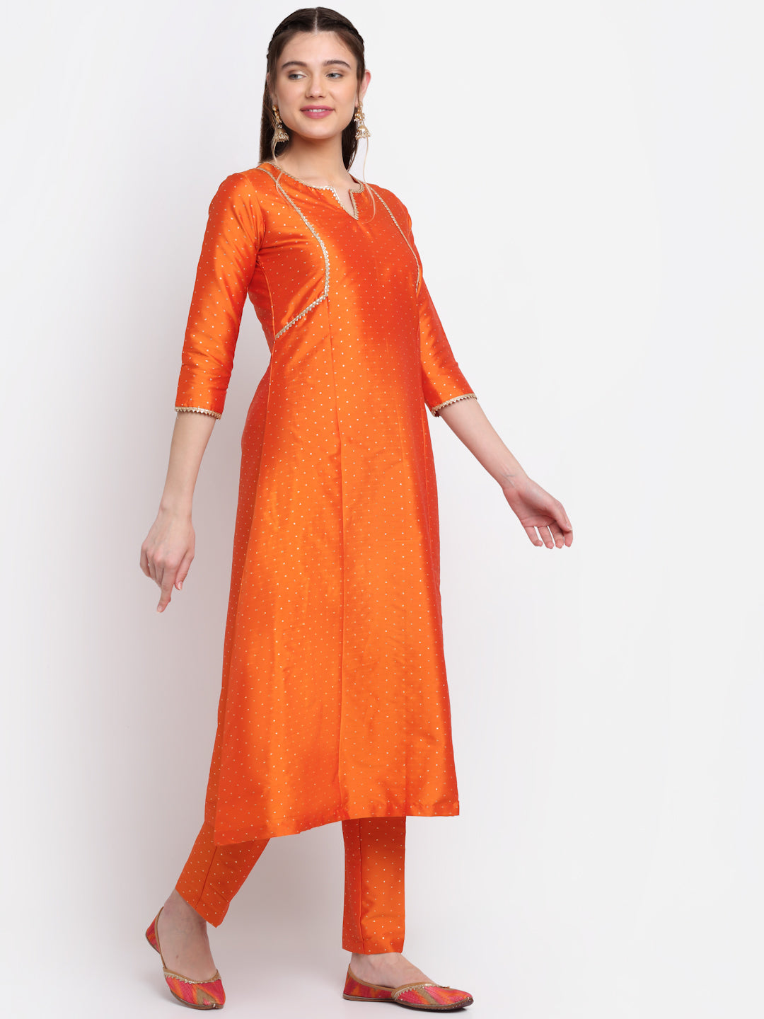 Women's Shining Orange Festive A-Line Kurti With Straight Pants - Anokherang