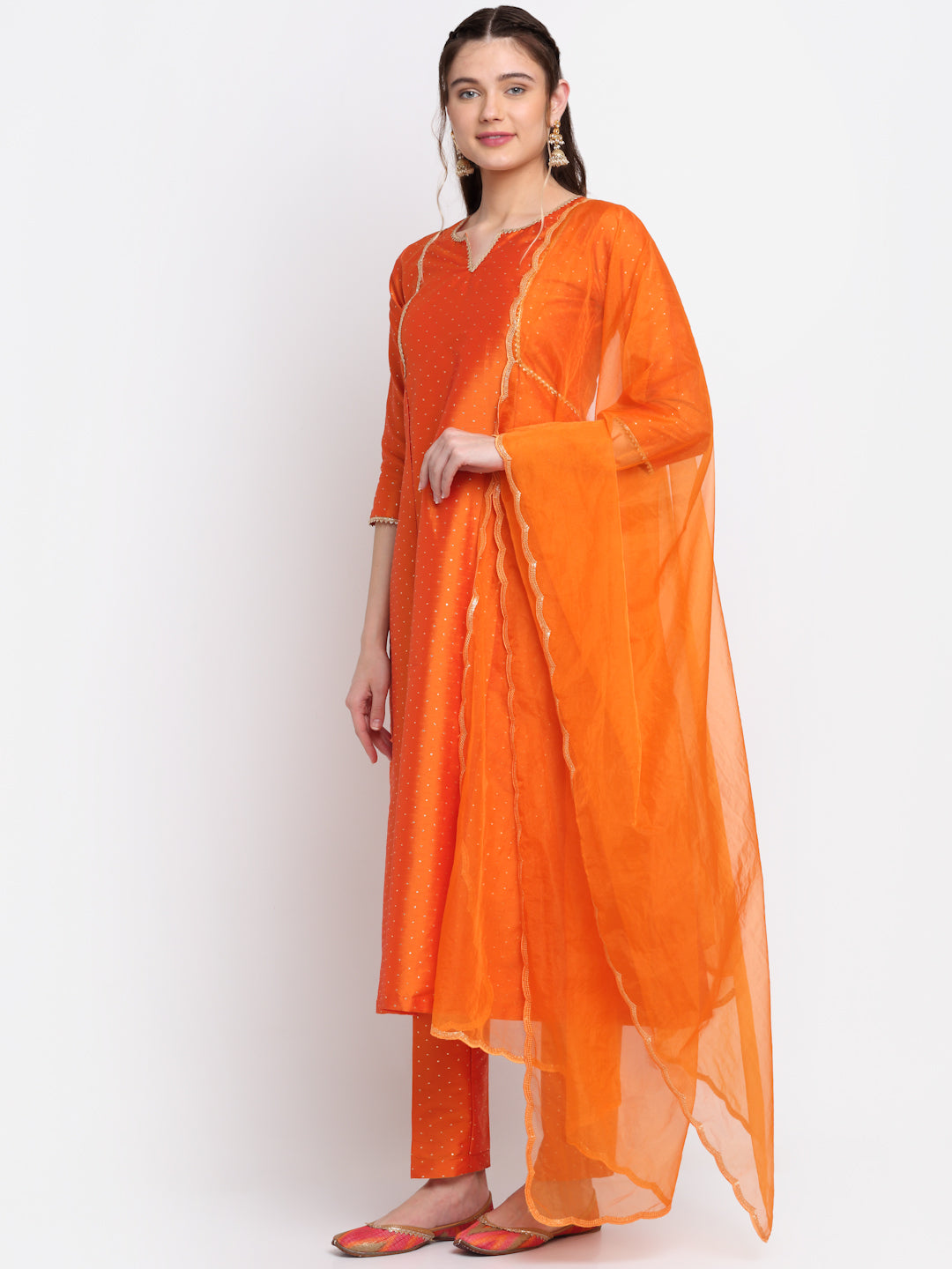 Women's Shining Orange Festive A-Line Kurti With Straight Pants And Scalloped Organza Dupatta - Anokherang