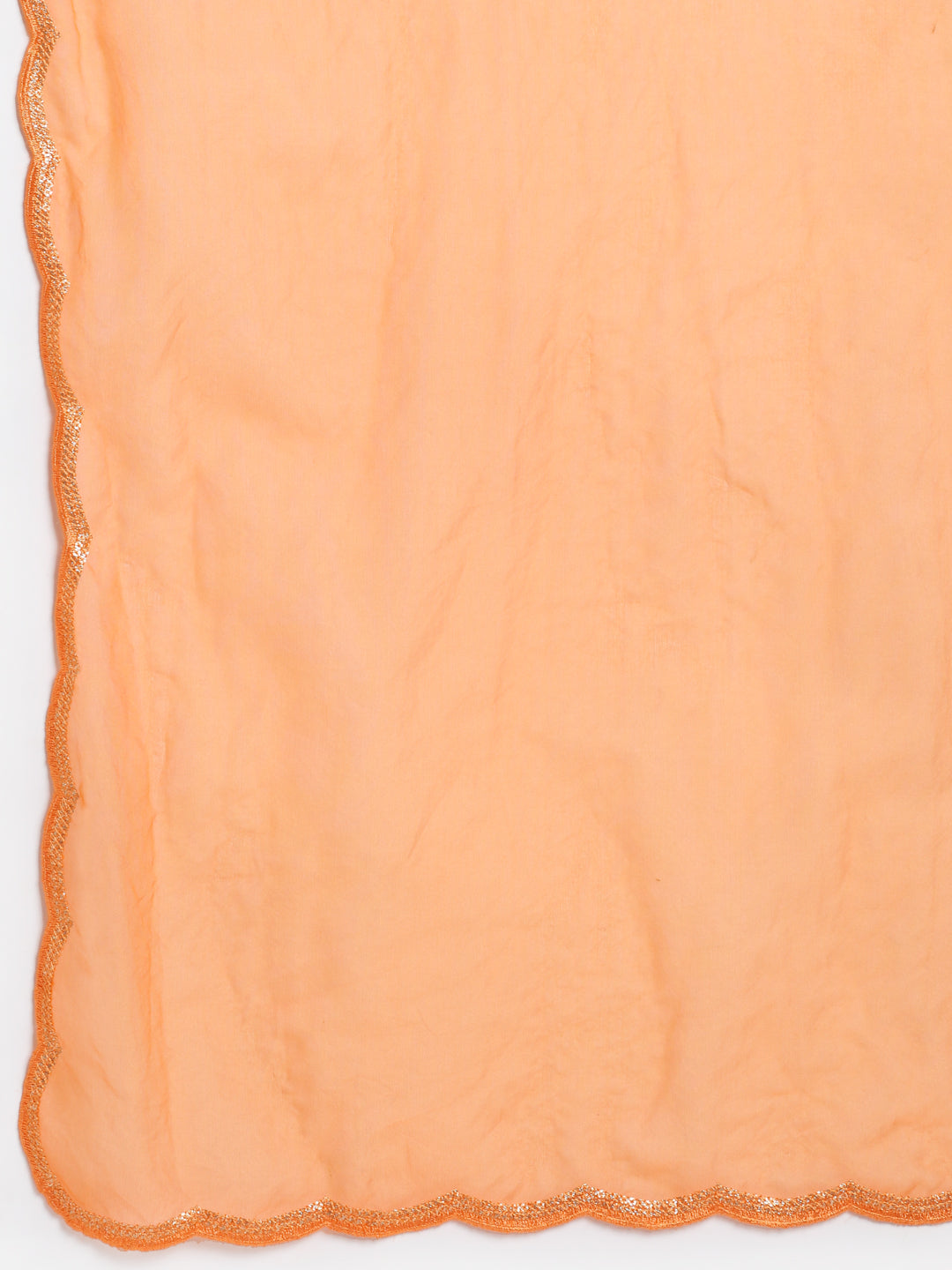 Women's Shining Orange Festive A-Line Kurti With Straight Pants And Scalloped Organza Dupatta - Anokherang