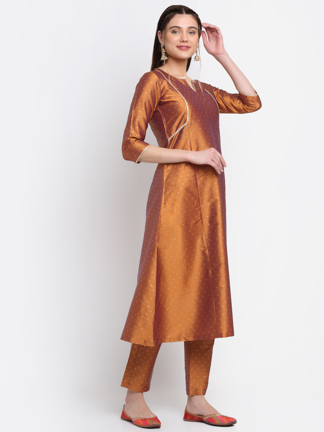 Women's Shining Copper A-Line Kurti With Straight Pants - Anokherang
