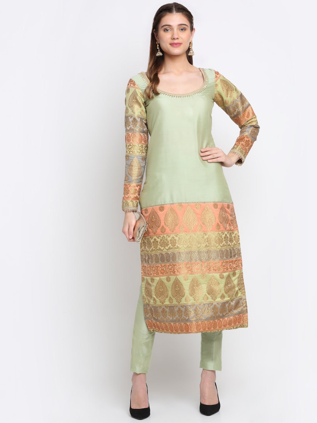 Women's Graceful Green Banarasi Sleeve Kurti With Straight Pants - Anokherang