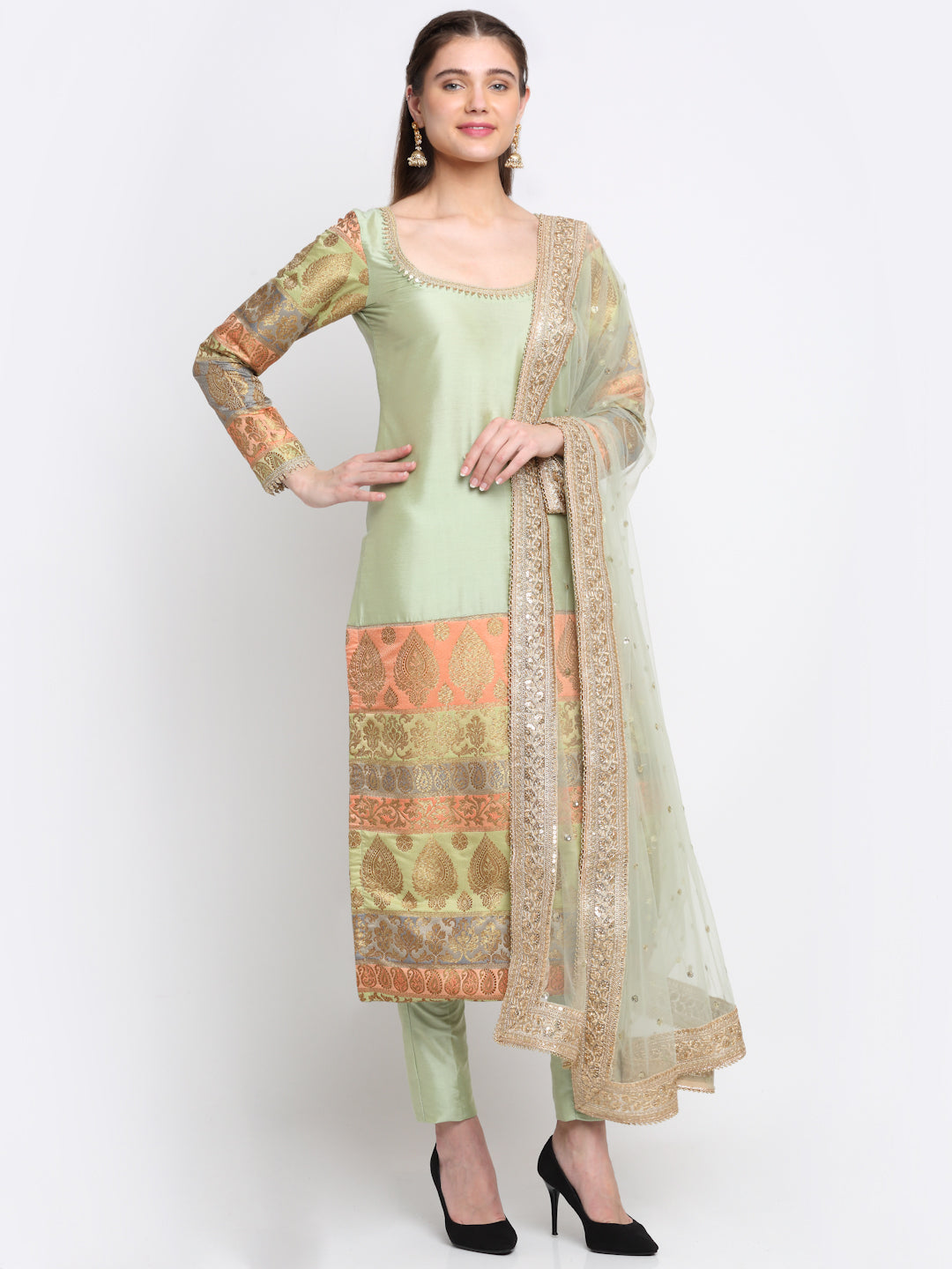 Women's Graceful Green Banarasi Sleeve Kurti With Straight Pants And Net Sequins Dupatta - Anokherang