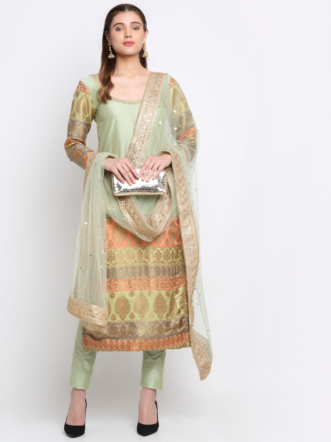 Women's Graceful Green Banarasi Sleeve Kurti With Straight Pants And Net Sequins Dupatta - Anokherang